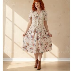 Lanz Vintage 90s Crochet Vest Floral Linen Midi Dress Whimsigoth Cottagecore